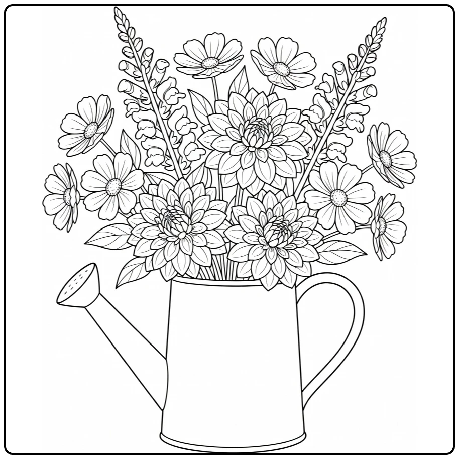 Flower bouquet coloring page featuring dahlias in a watering can