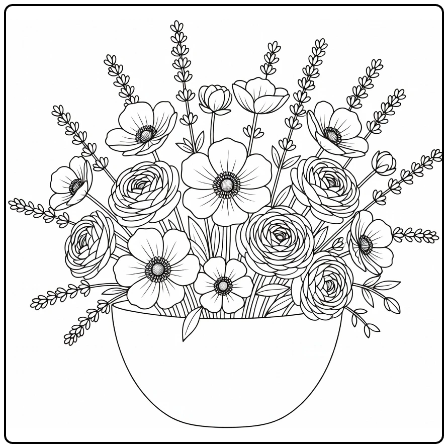 Flower bouquet coloring page featuring delicate blooms in a bowl vase