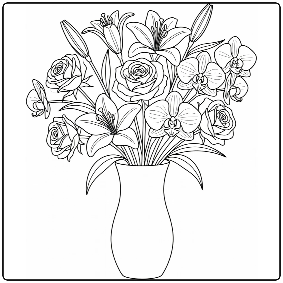 Flower bouquet coloring page featuring lilies, roses, and orchids