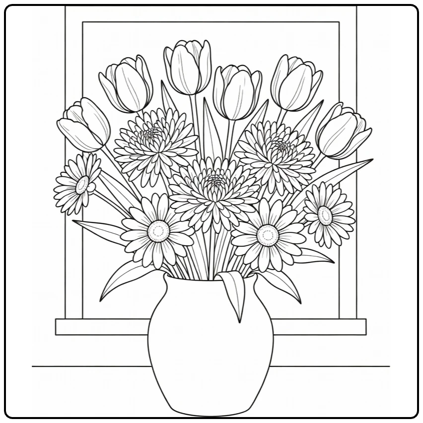 Flower bouquet coloring page showing tulips in a round kitchen vase