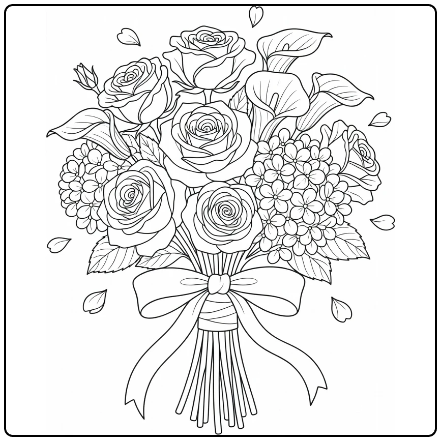 Wedding flower bouquet coloring page with roses and calla lilies