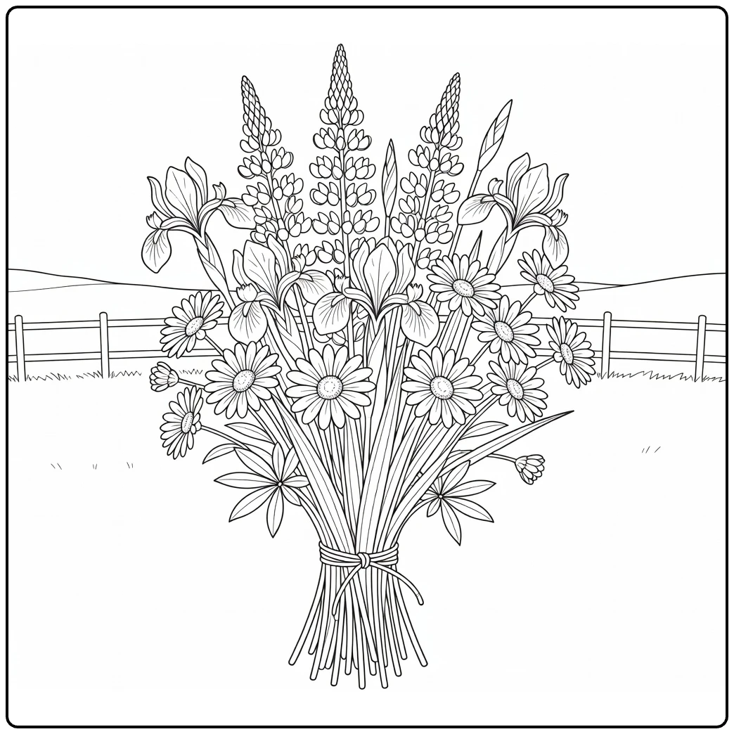 Country flower bouquet coloring page with irises and lupines