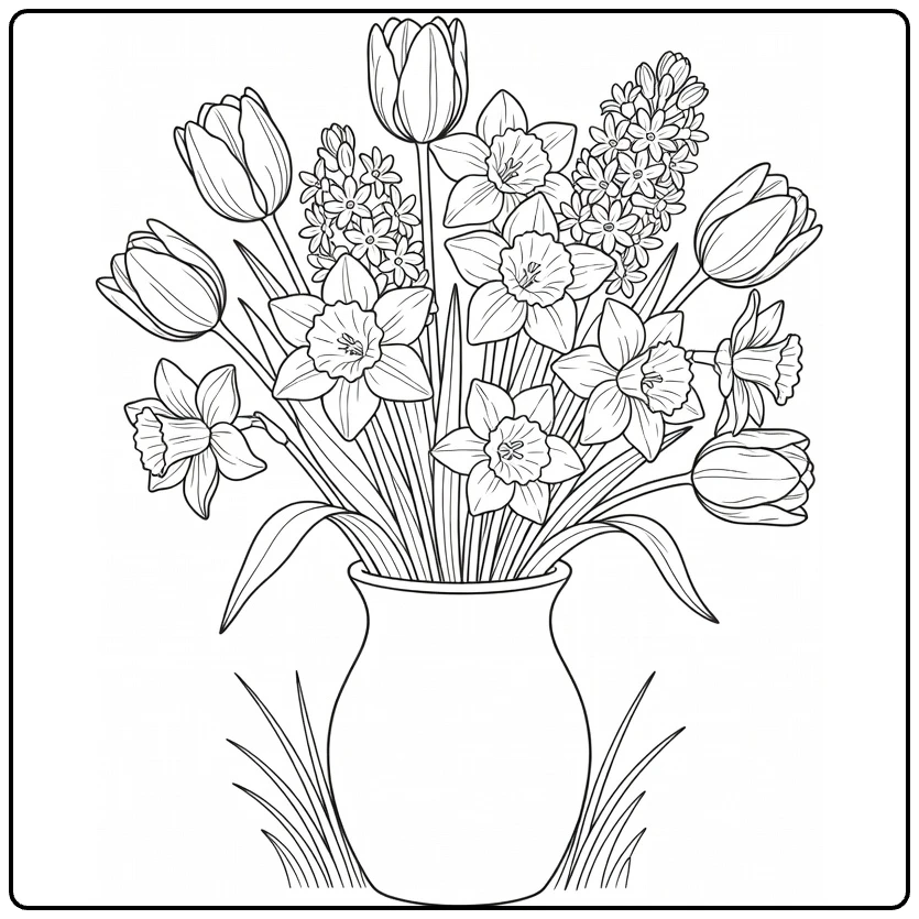 Spring flower bouquet coloring page featuring tulips and daffodils