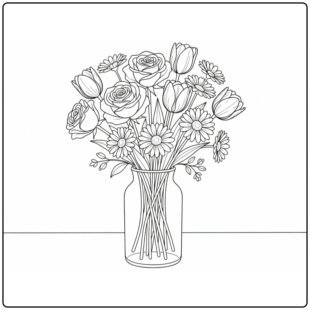 Flower bouquet coloring page featuring roses and tulips in a glass vase