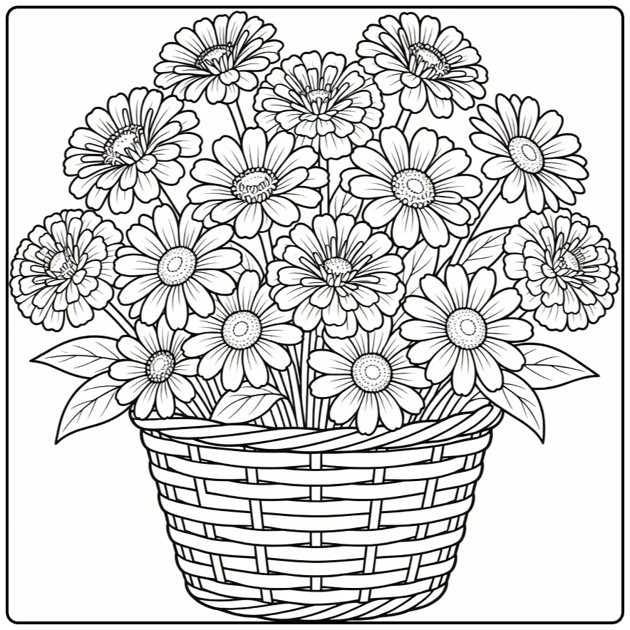 Flower bouquet coloring page featuring mixed blooms in a basket