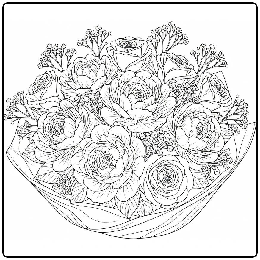 Romantic flower bouquet coloring page with peonies and roses