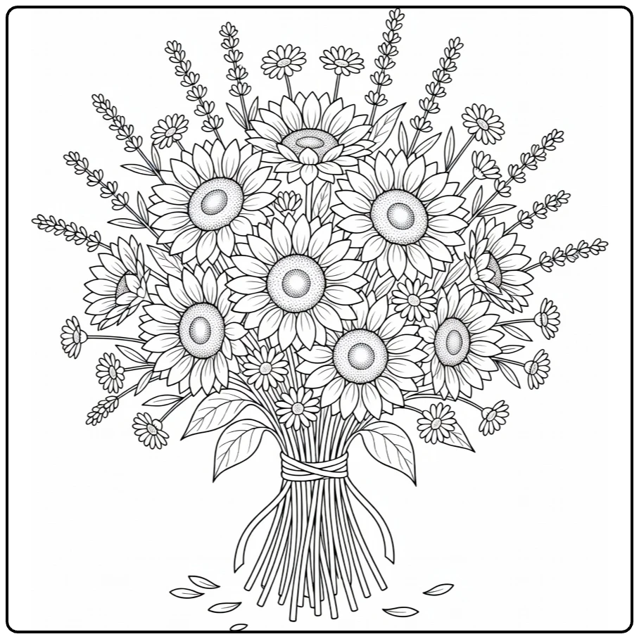 Flower bouquet coloring page showing sunflowers and lavender