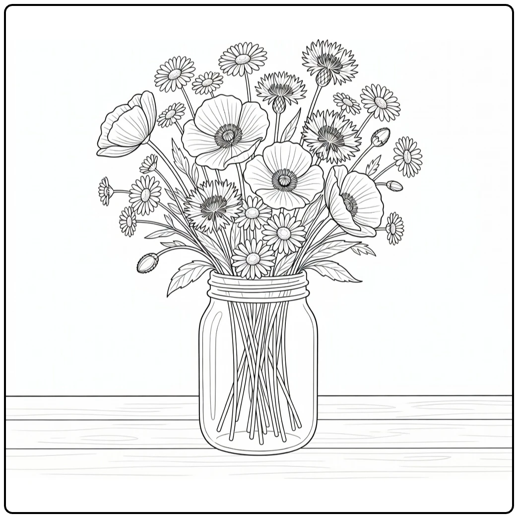Wildflower bouquet coloring page with poppies in a glass jar