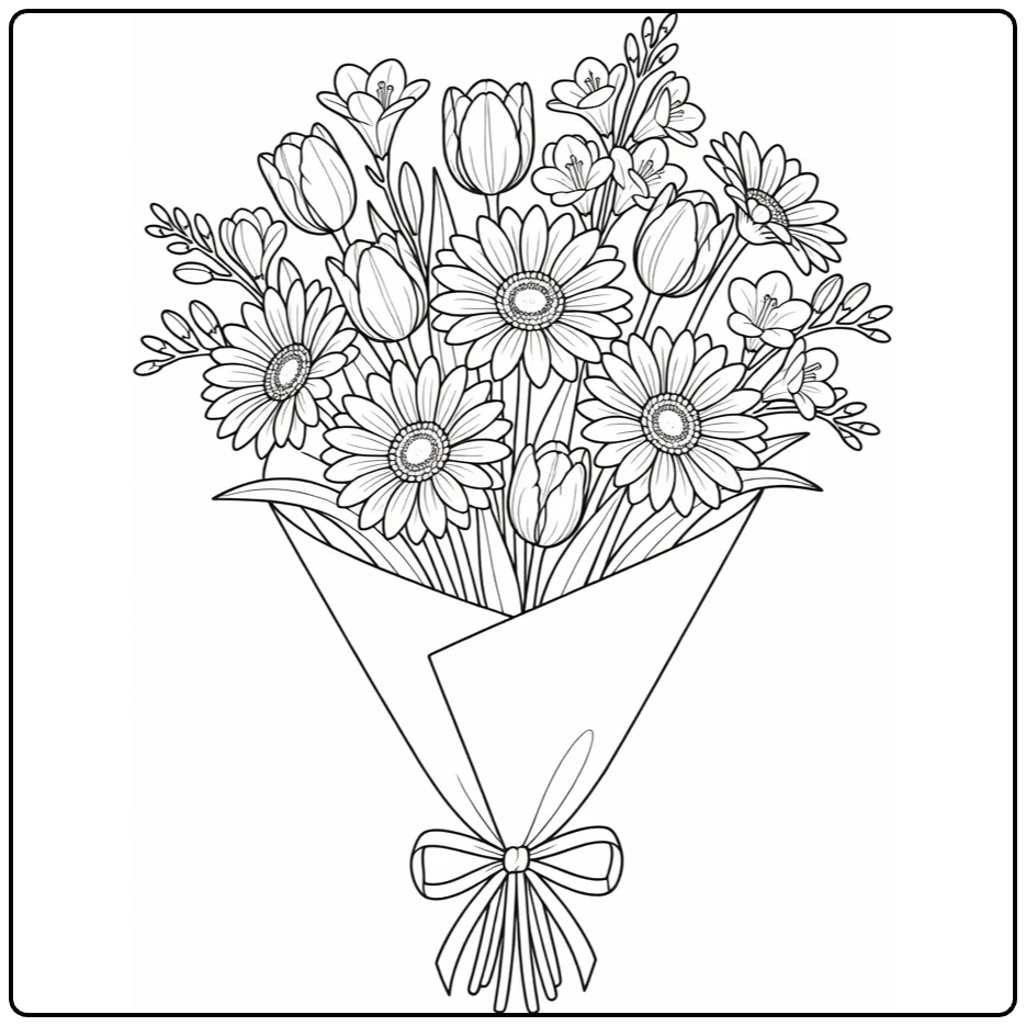Flower bouquet coloring page showing gerberas and tulips in paper