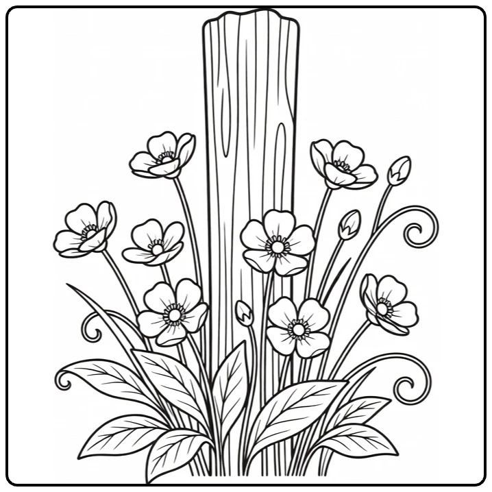 Buttercup coloring page showing flowers around a wooden post