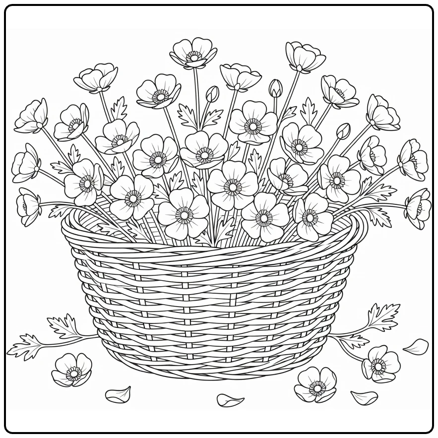 Buttercup coloring page featuring a basket filled with flowers