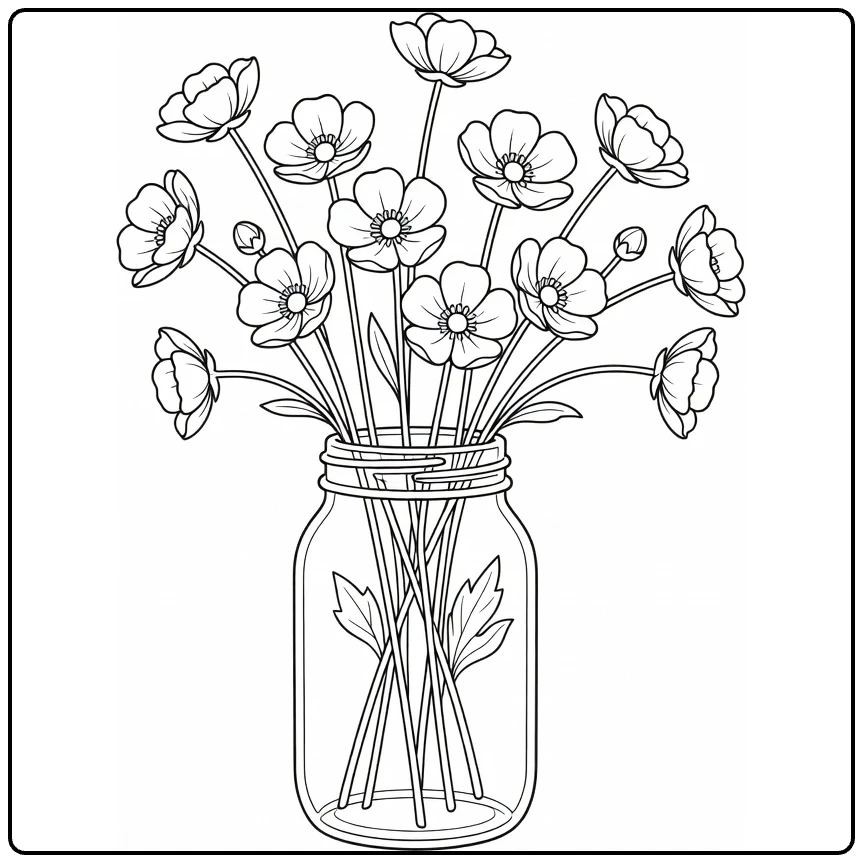 Buttercup coloring page showing flowers arranged in a glass jar