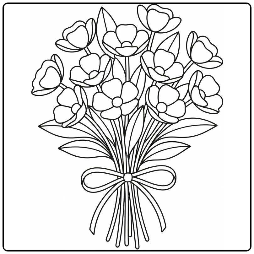 Buttercup coloring page featuring a flower bouquet tied with ribbon