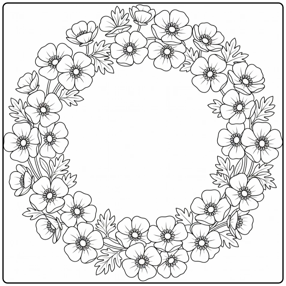 Buttercup coloring page with a floral wreath and leafy details