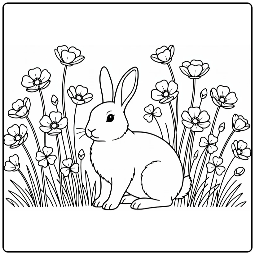 Buttercup coloring page featuring a rabbit among meadow flowers