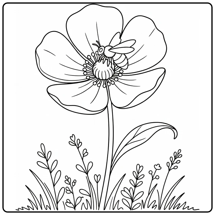 Buttercup coloring page featuring a bee on a flower with grass below