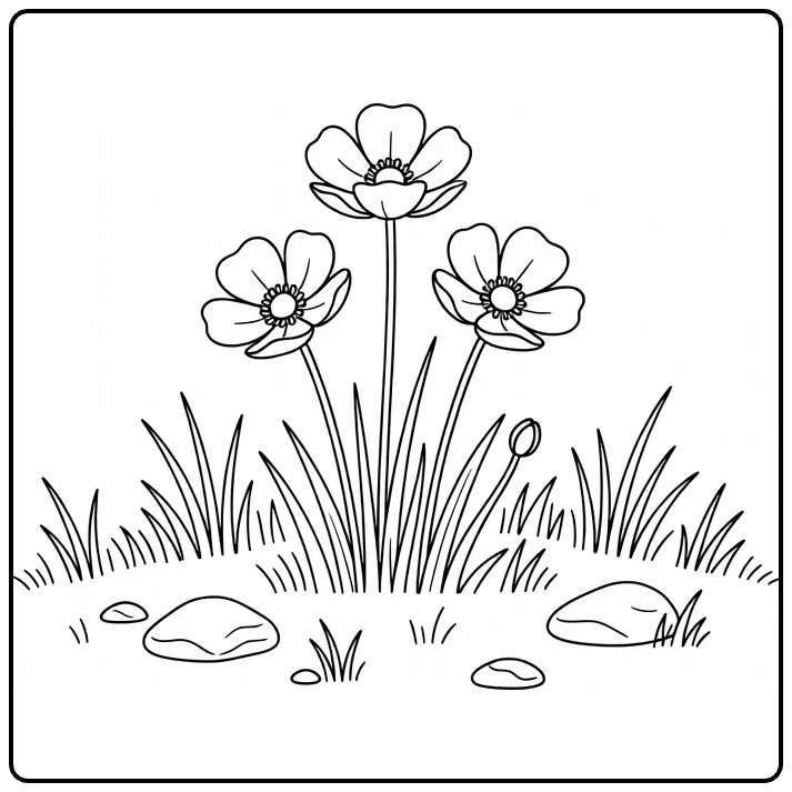 Buttercup coloring page showing three flowers in grass with stones