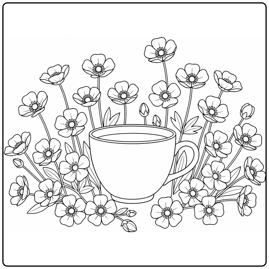 Buttercup coloring page featuring a teacup surrounded by flowers