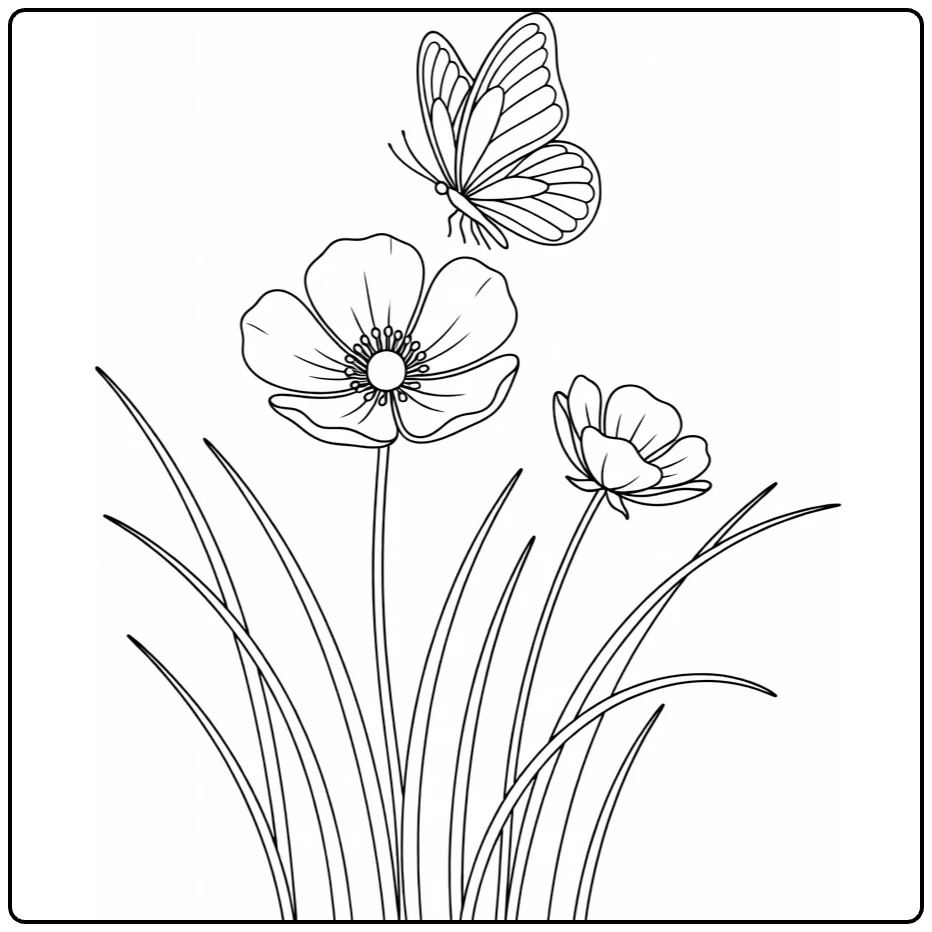 Buttercup coloring page showing a butterfly flying above the flowers