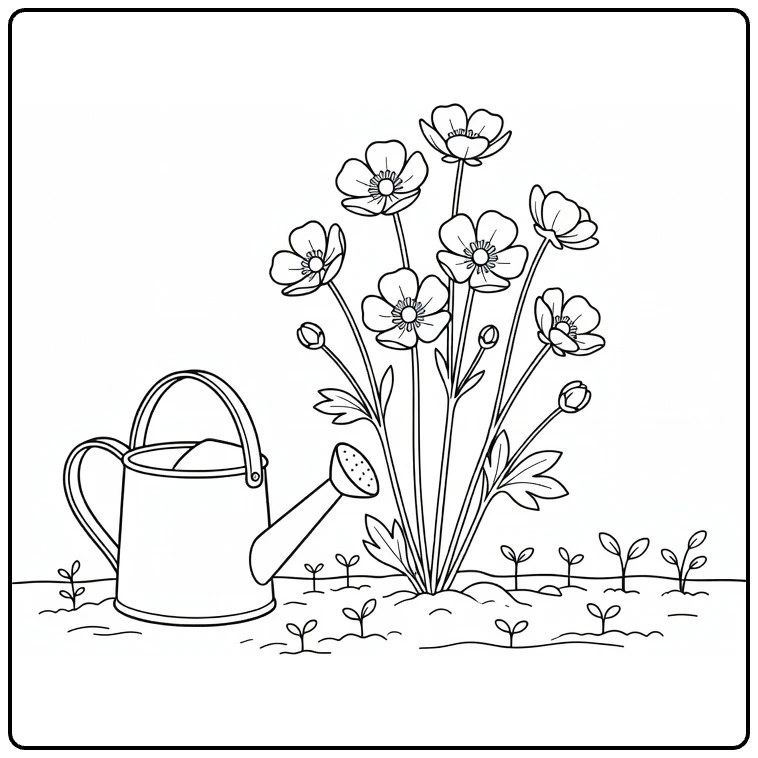 Buttercup coloring page with a watering can beside the flowers