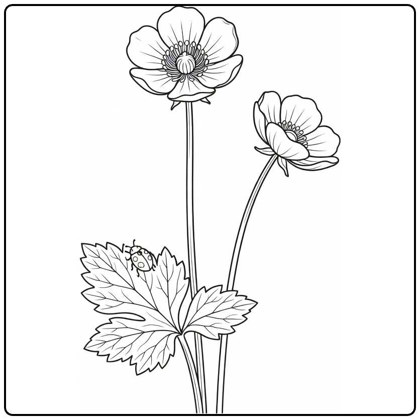 Buttercup coloring page showing flowers with a ladybug on the stem