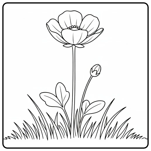 Buttercup coloring page showing one blooming flower with a bud and leaves
