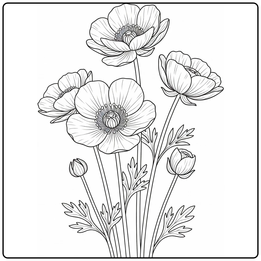 Buttercup coloring page featuring tall flowers, leaves, and buds
