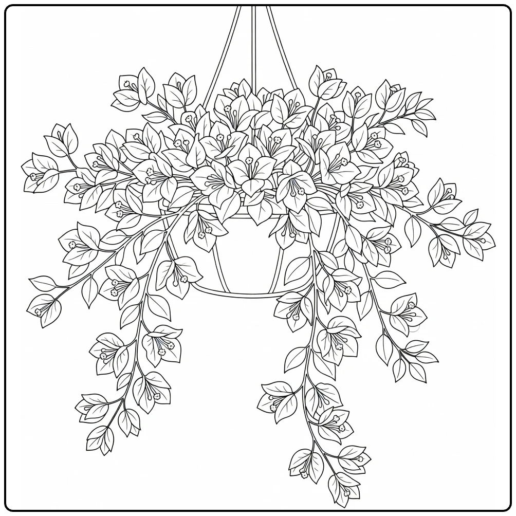 Bougainvillea coloring page showing a full hanging flower basket