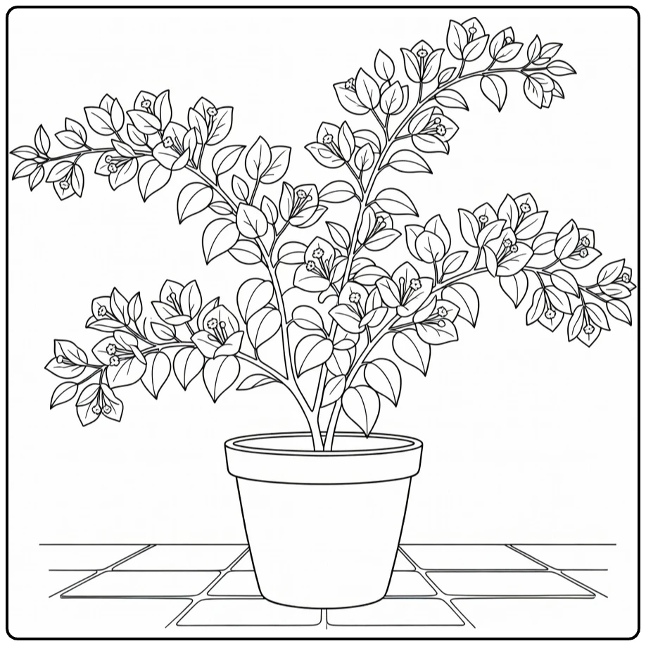 Bougainvillea coloring page featuring a potted flowering plant