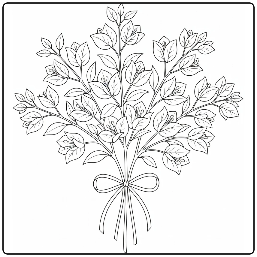 Bougainvillea coloring page featuring a leafy bouquet with ribbon