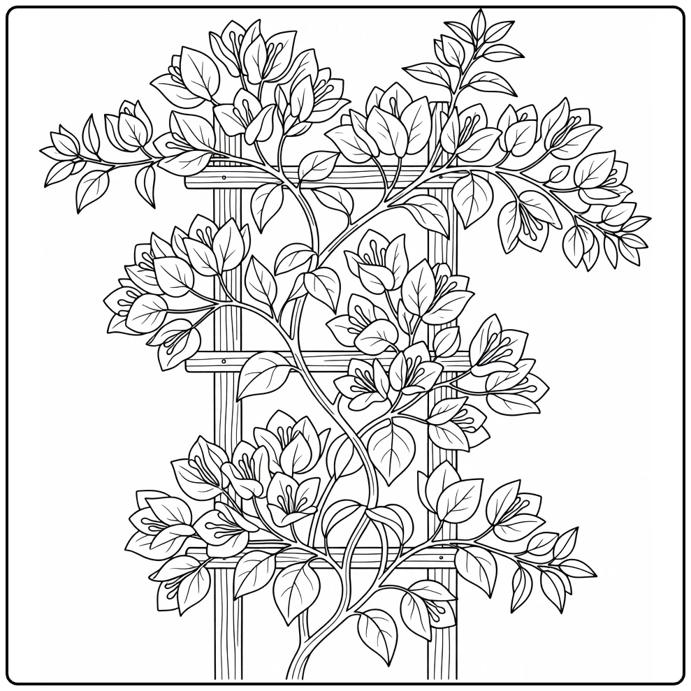Bougainvillea coloring page featuring vines growing on a trellis