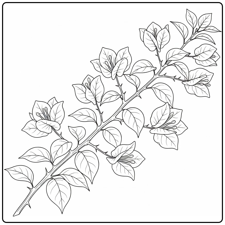 Bougainvillea coloring page showing a thorny flowering branch