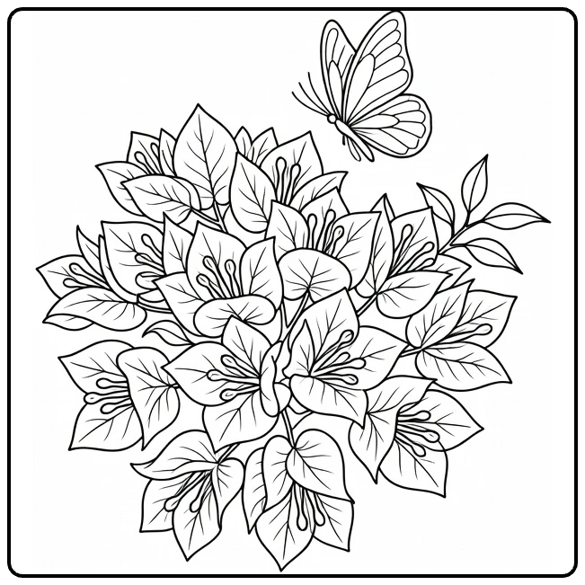 Bougainvillea coloring page featuring a butterfly over flowers