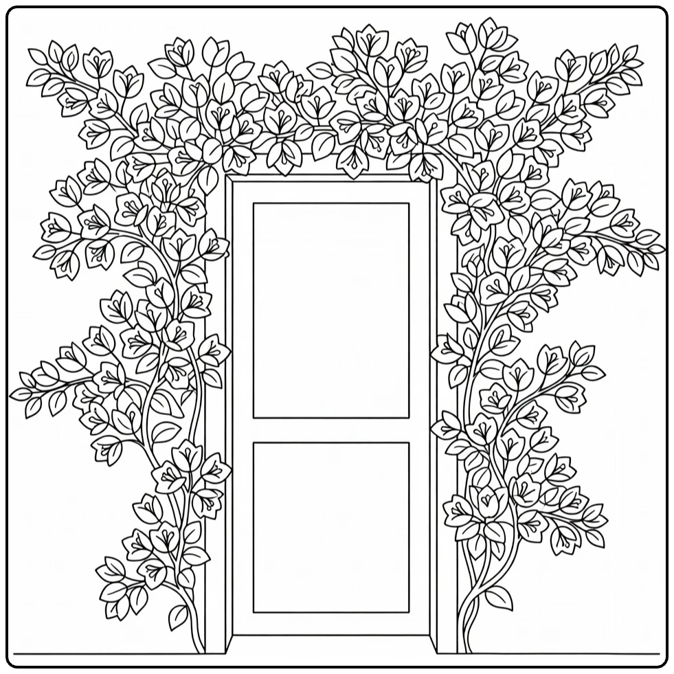 Bougainvillea coloring page showing flowering vines around a door