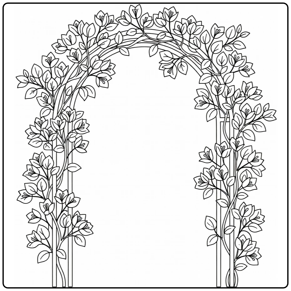 Bougainvillea coloring page featuring flowering vines over an arch