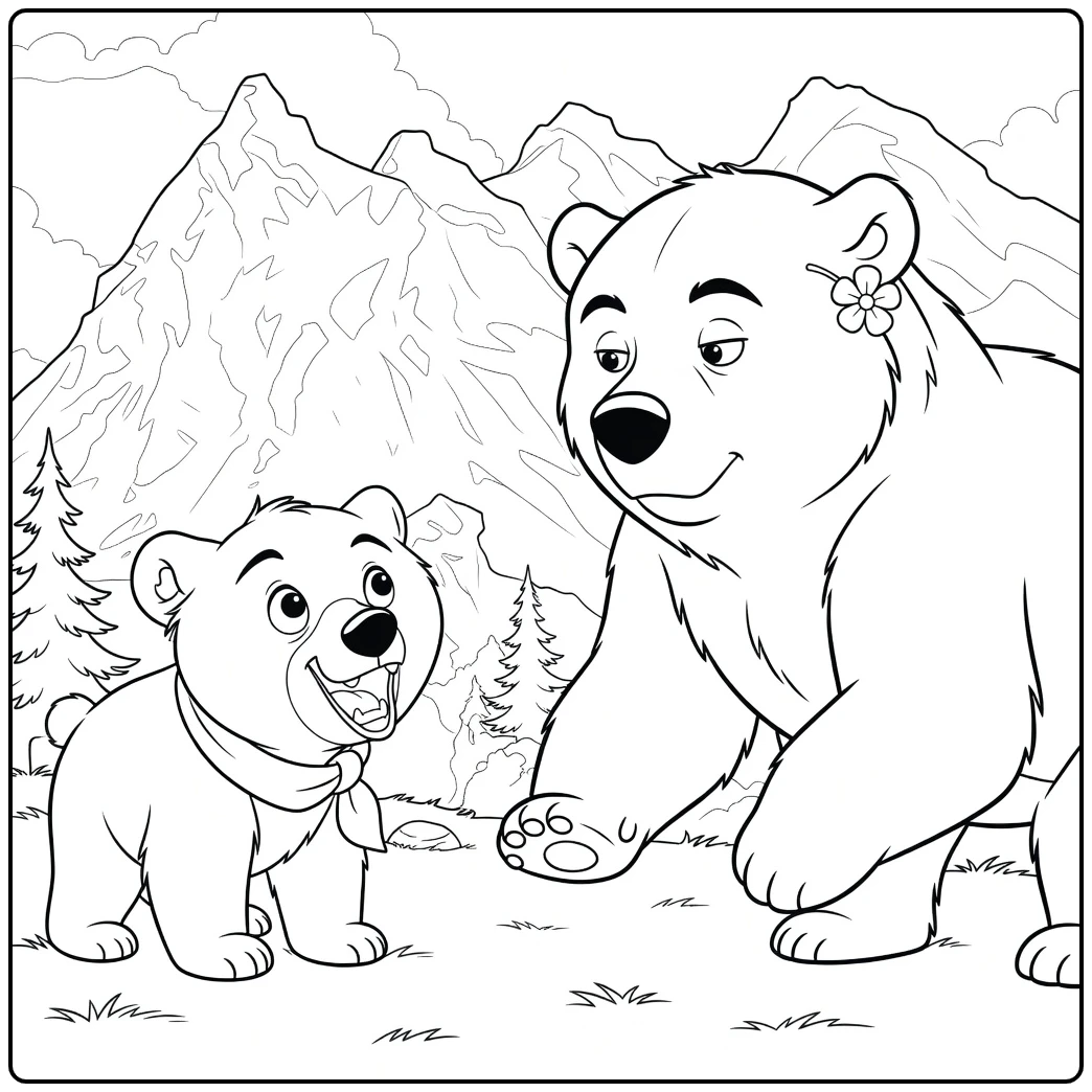 Brother Bear coloring page with bears in a mountain landscape