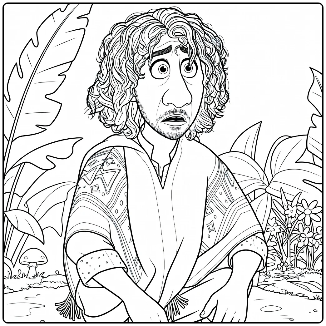 Bruno Madrigal coloring page sitting among tropical plants