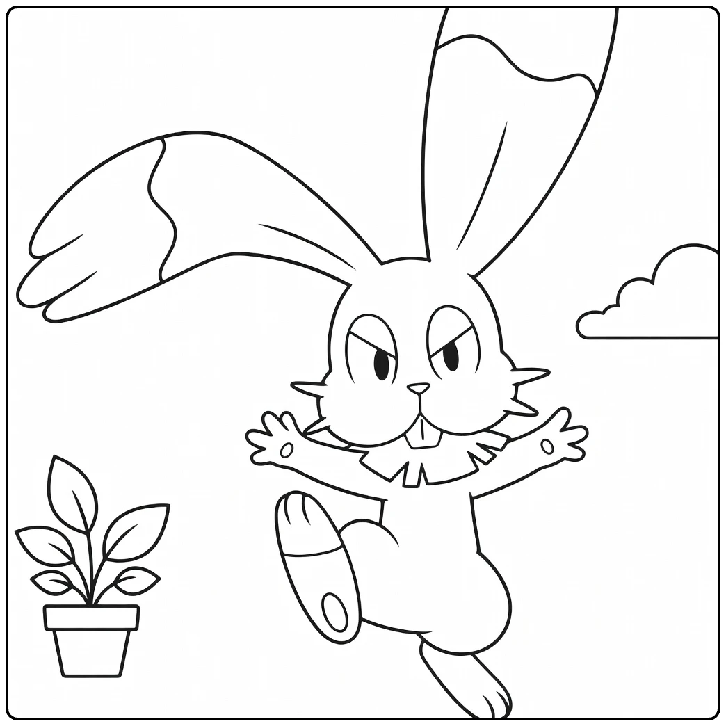 Bunnelby Dynamic Jump with Cloud and Plant coloring page