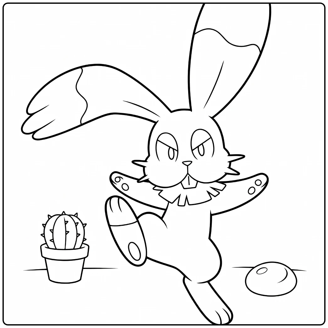 bunnelby coloring page in actiepose with ei and cactus