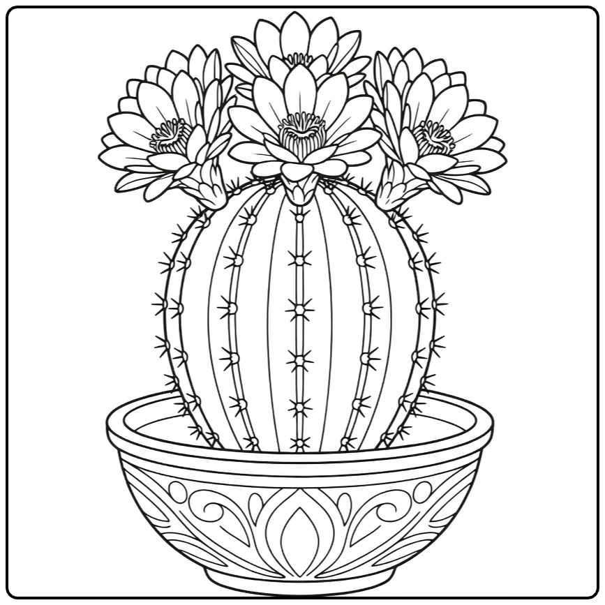 Cactus flower coloring page featuring a potted barrel cactus