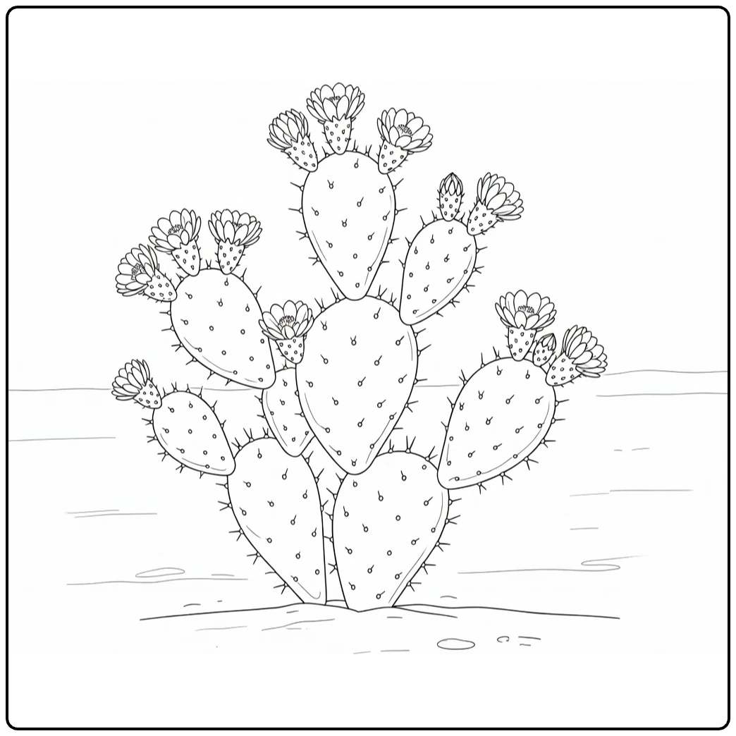 Cactus flower coloring page showing a flowering prickly pear