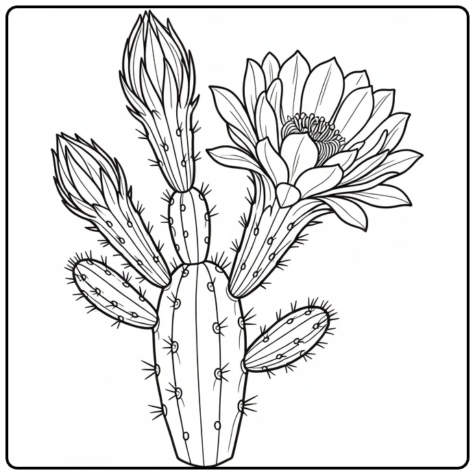 Cactus flower coloring page featuring a bloom, buds, and spines