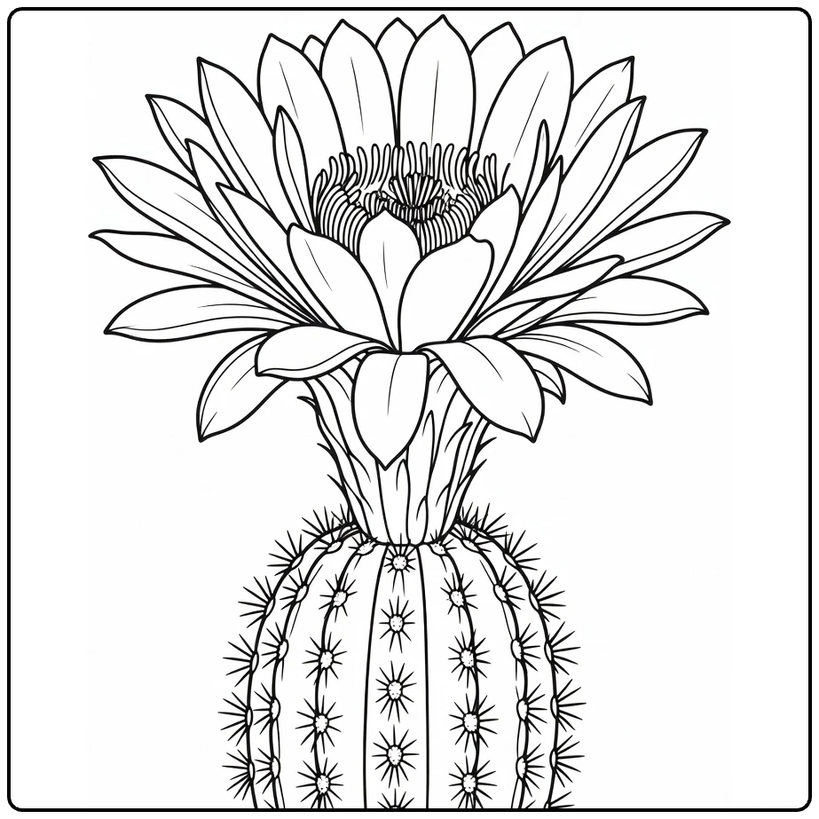 Close-up cactus flower coloring page with bloom and spines