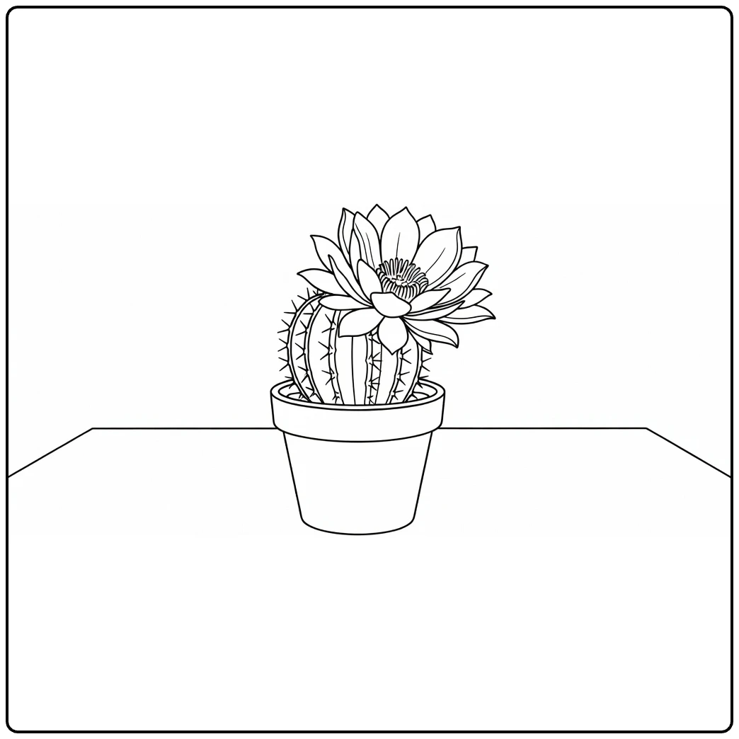 Cactus flower coloring page showing a potted cactus with an open bloom