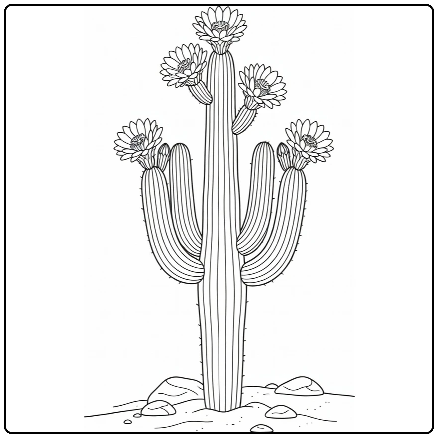 Cactus flower coloring page showing a blooming saguaro in the desert