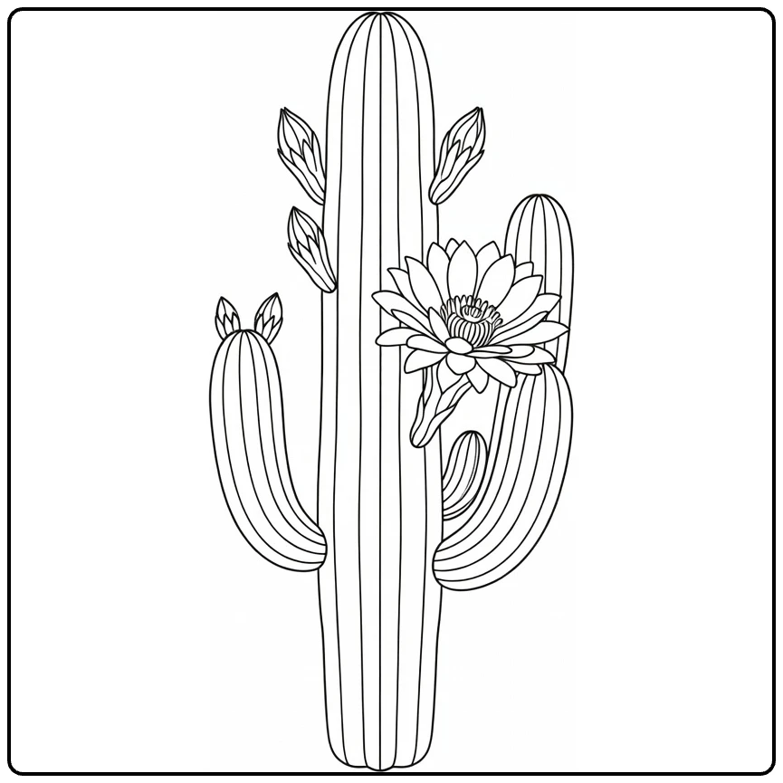 Cactus flower coloring page featuring a tall cactus with a flower