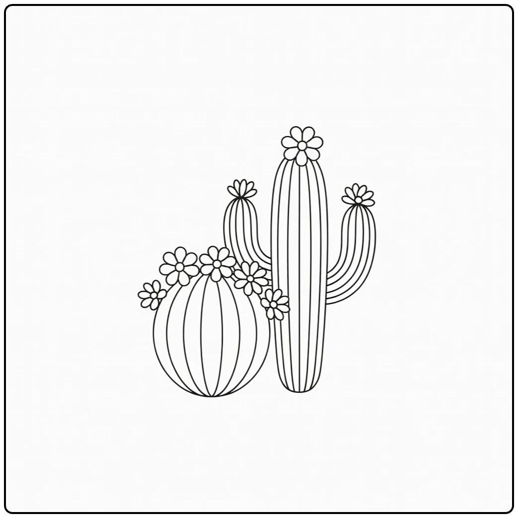 Cactus flower coloring page showing two blooming cactus shapes