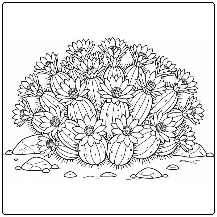 Cactus flower coloring page showing a dense cluster of blooming cacti