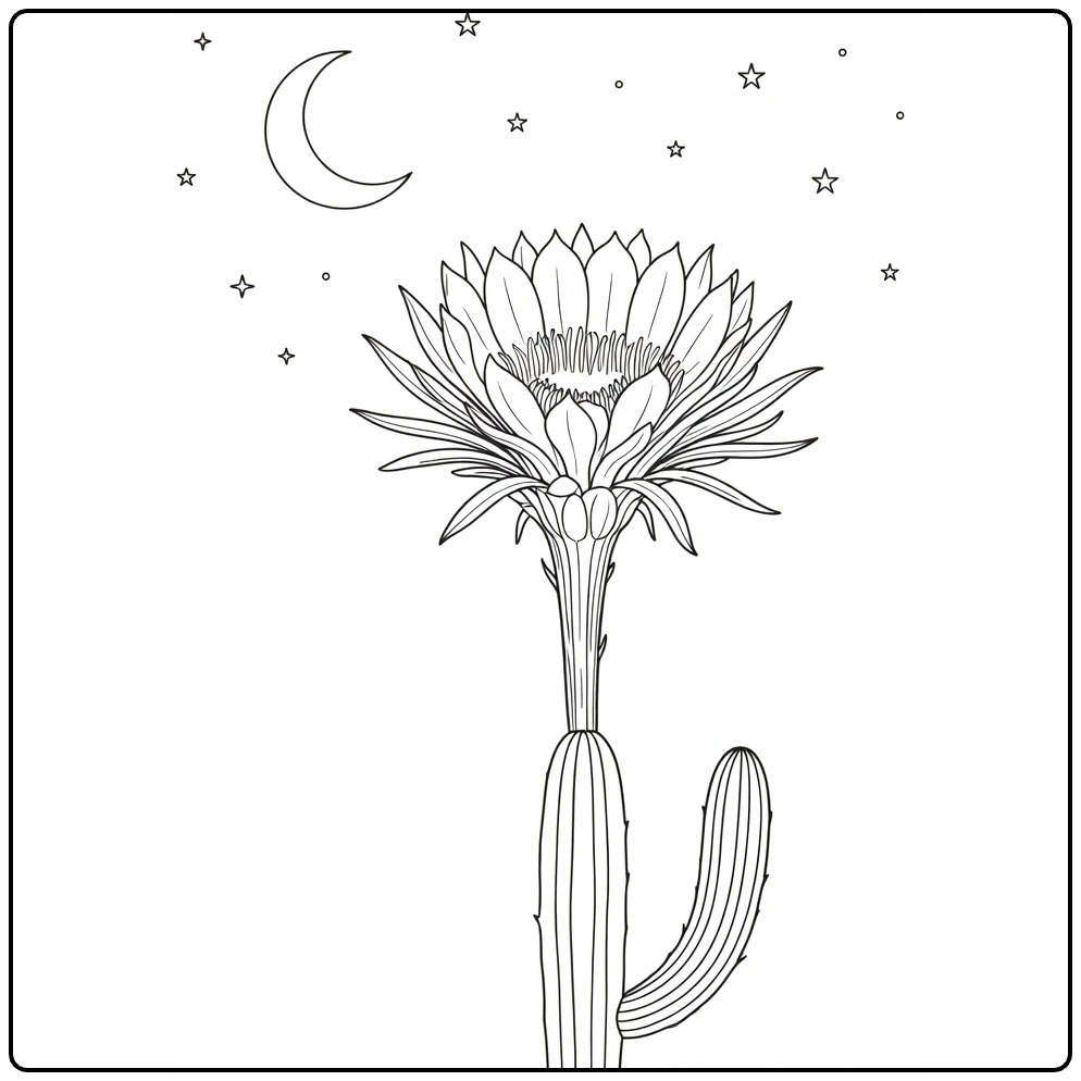Cactus flower coloring page featuring a night bloom and moon