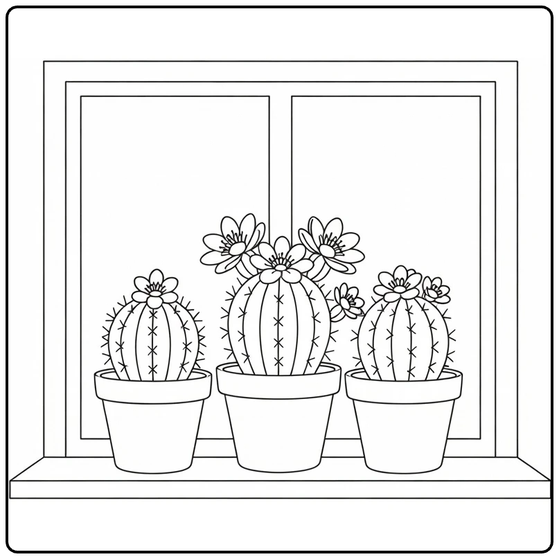 Cactus flower coloring page featuring potted cacti by a window